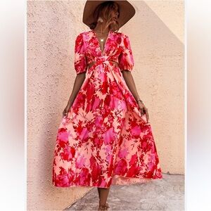 TLULY Floral Print Deep V Neck Puff Sleeve Cut Out Puff Sleeve Midi Dress New